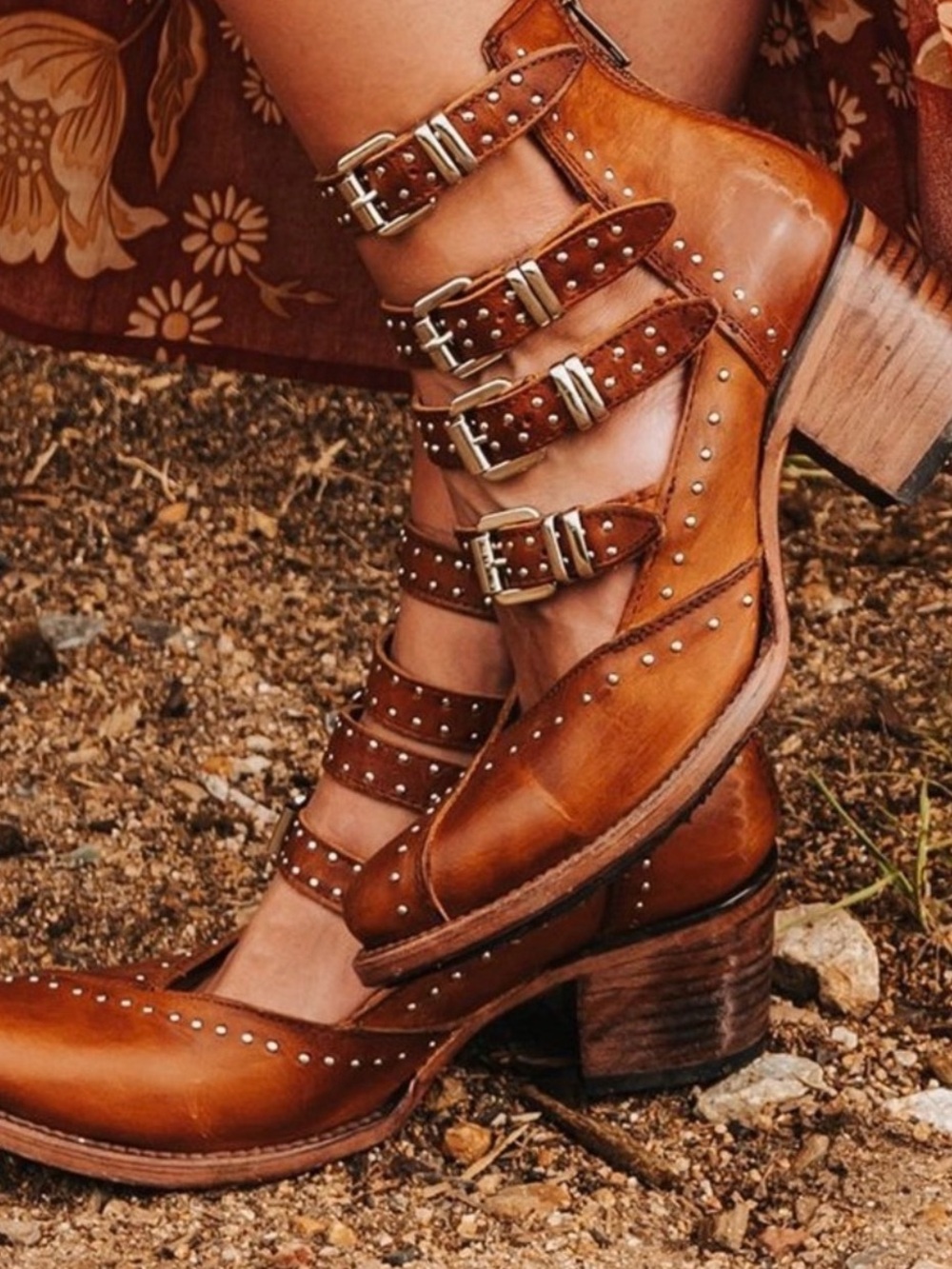Freebird Felicity Boot 8 Cognac Brown Strap Buckle Western Bohemian Cowgirl Chic - Picture 4 of 14